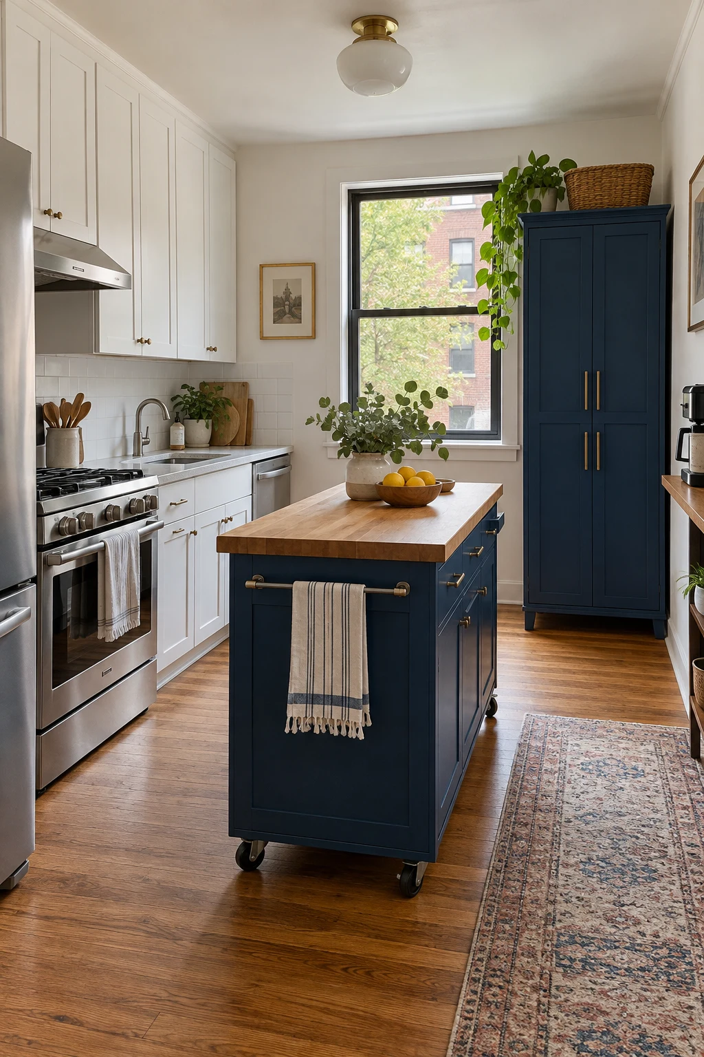 Rental kitchen with a freestanding navy pantry and movable blue island