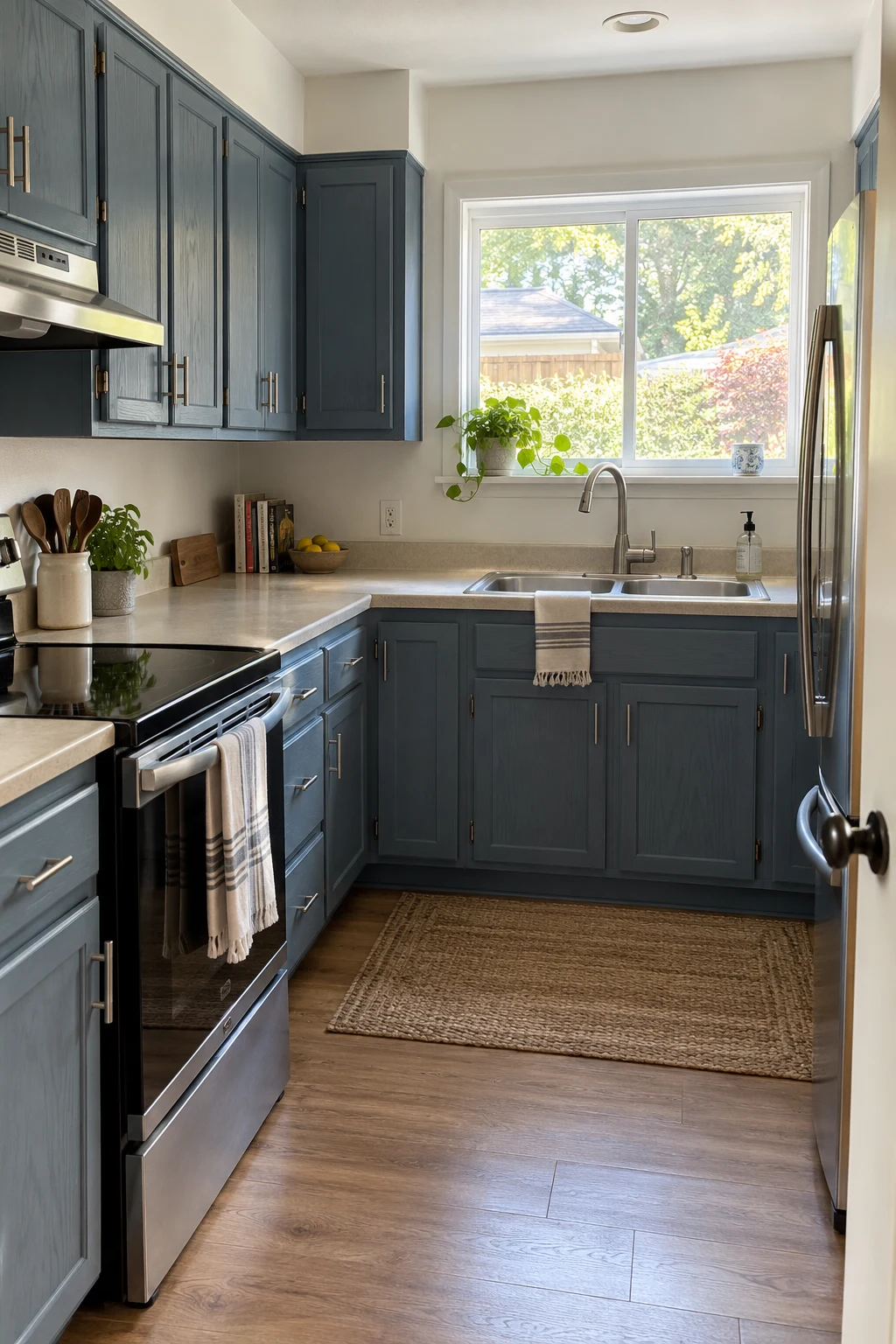 Modest kitchen with existing oak cabinets repainted muted blue