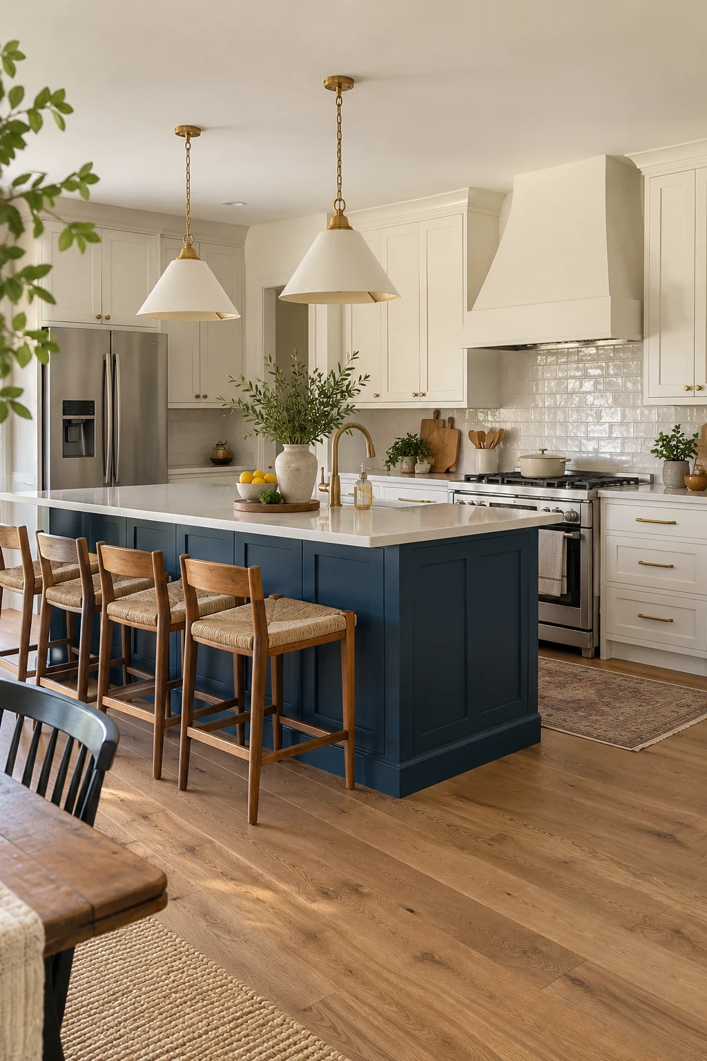 Warm-white kitchen with an existing island repainted deep blue
