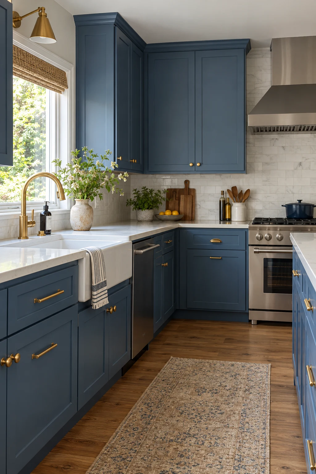 Medium-blue cabinets with accurately aligned brushed-brass hardware
