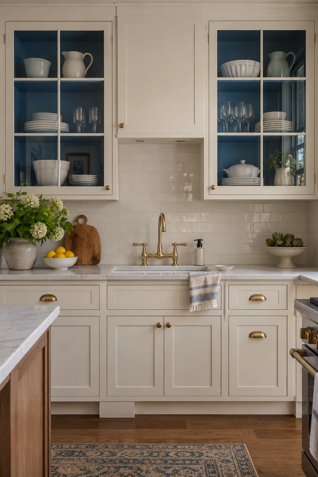Cream glass-front cabinets with vivid blue painted interiors