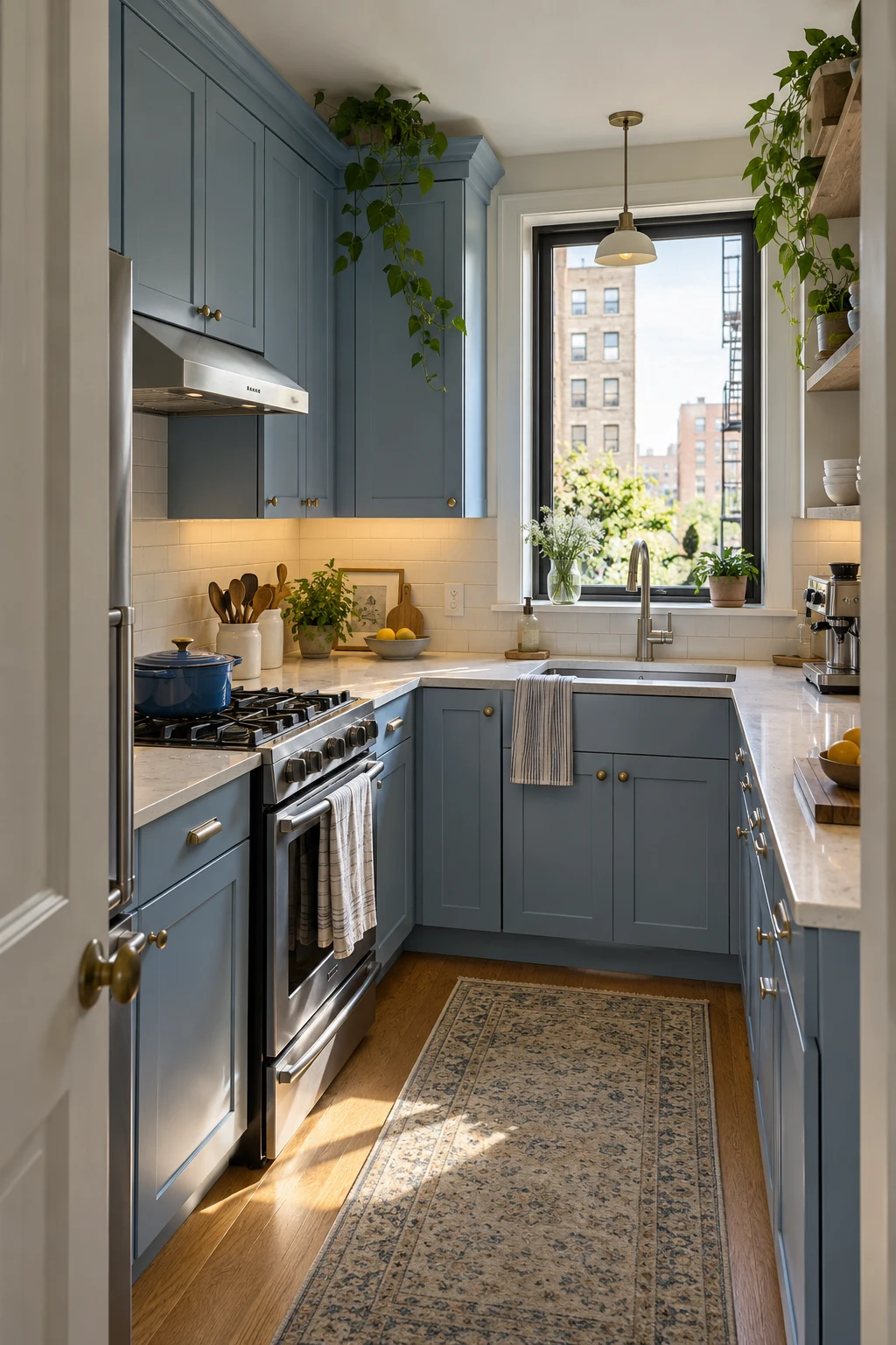 Tiny city kitchen with light-blue satin cabinets and compact appliances