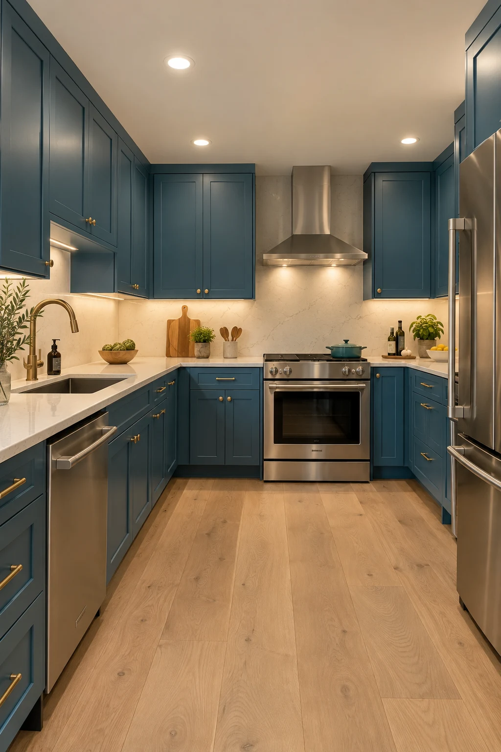 Windowless kitchen with teal cabinets and layered task lighting