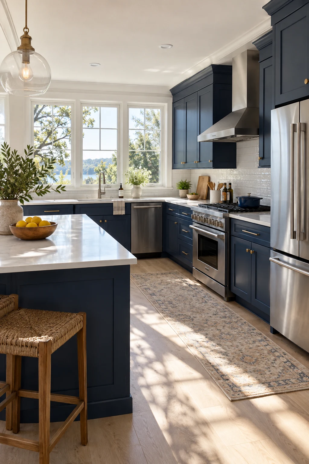 Sun-filled south-facing kitchen with cool navy cabinets