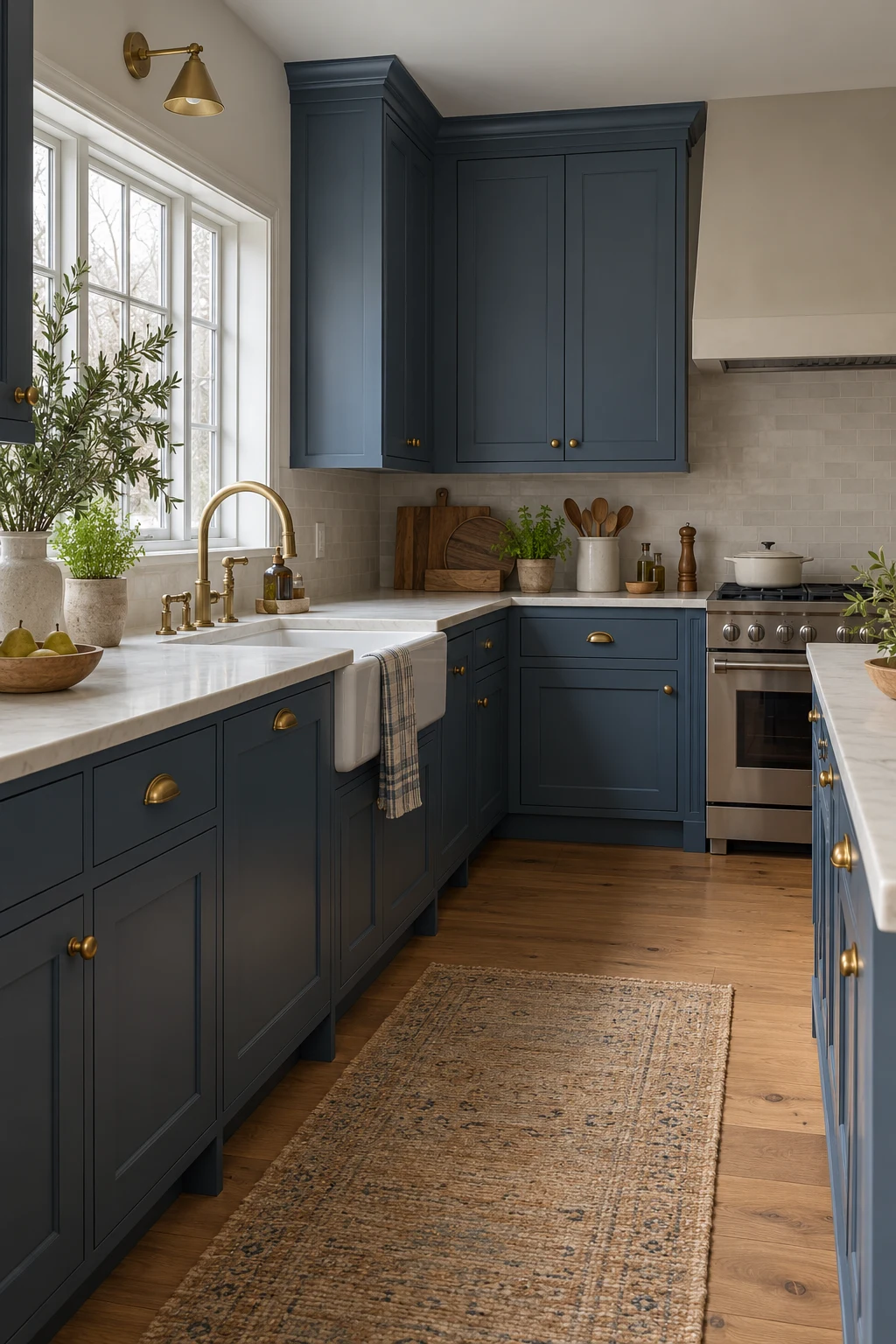 North-facing kitchen with warm slate-blue cabinets and oak flooring