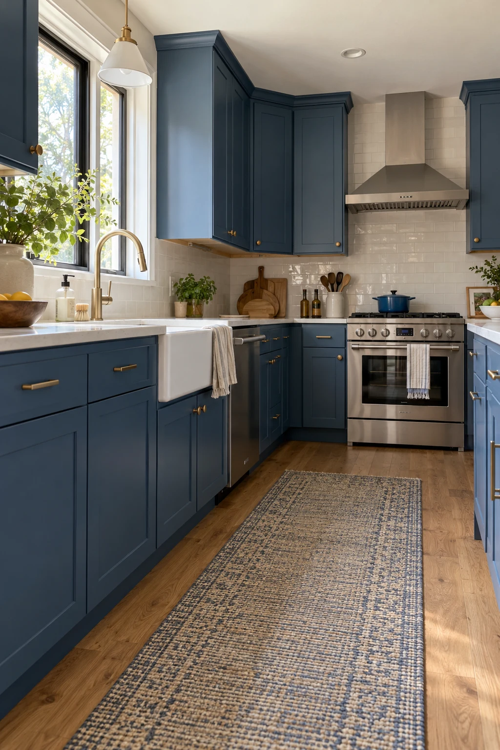 Hardworking family kitchen with washable satin blue cabinets