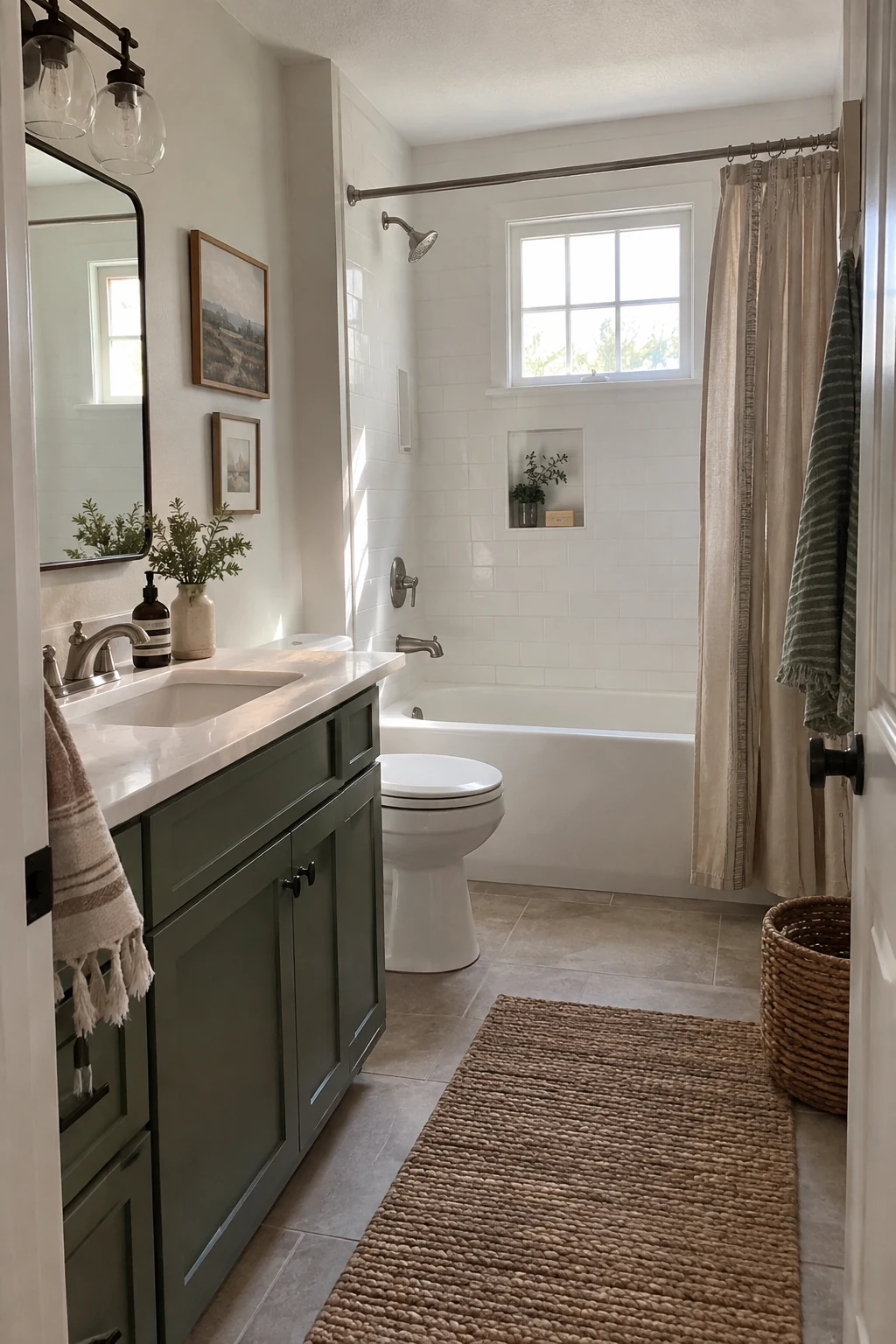 Builder-grade bathroom refreshed around a retained white tub and toilet with updated finishes