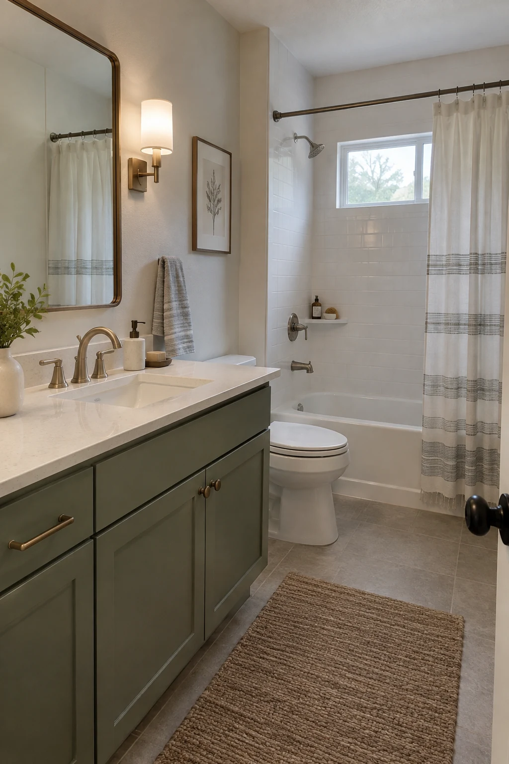 Finished bathroom showing a coordinated midrange makeover with retained layout and upgraded surfaces