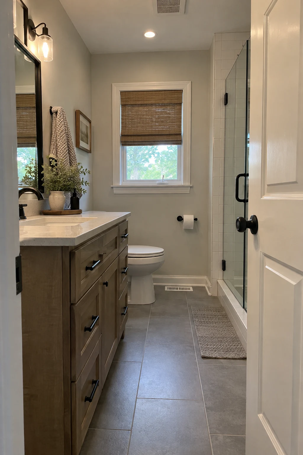 Small bathroom with vanity drawers and entry door open without collisions