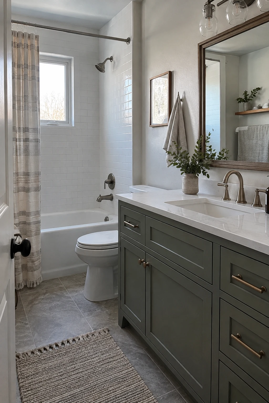 Completed bathroom with clean transitions between painted vanity, floor, backsplash and fixtures