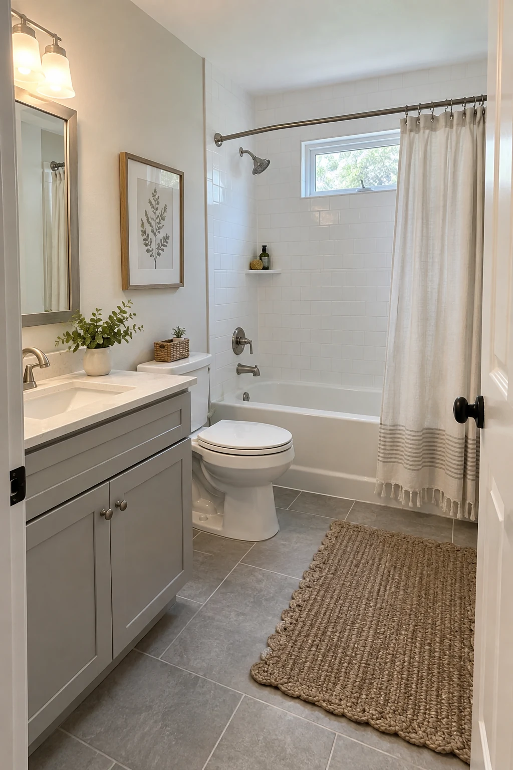 Updated bathroom with vanity toilet and tub retained in their original practical locations