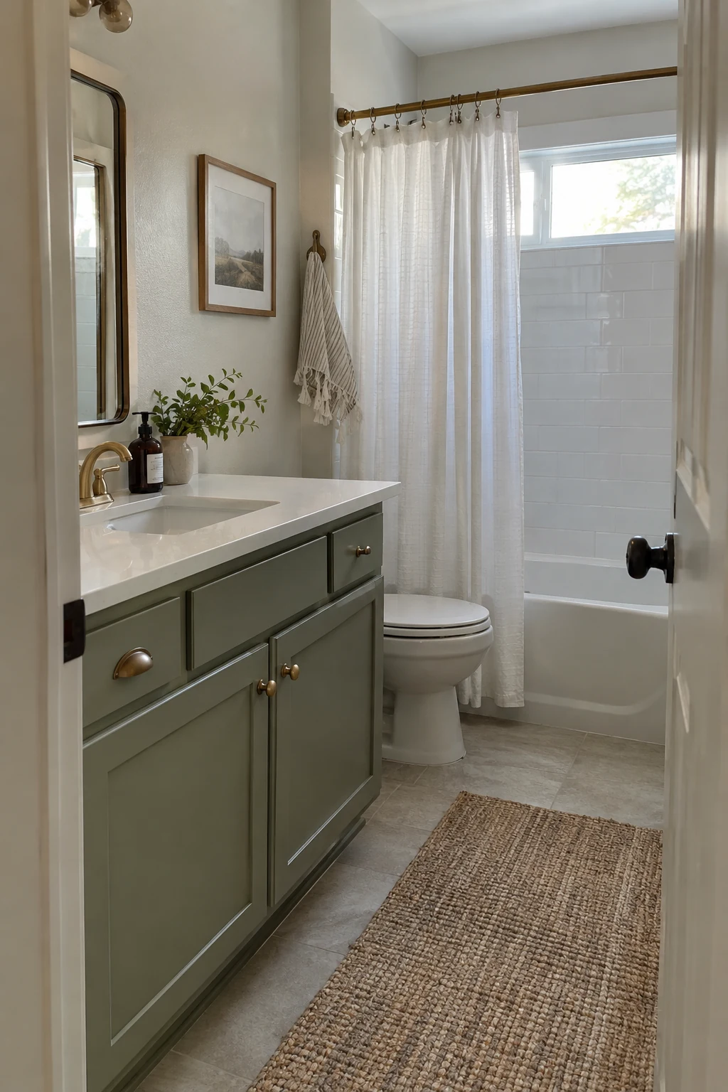 Builder-grade vanity painted muted green with a smooth durable finish