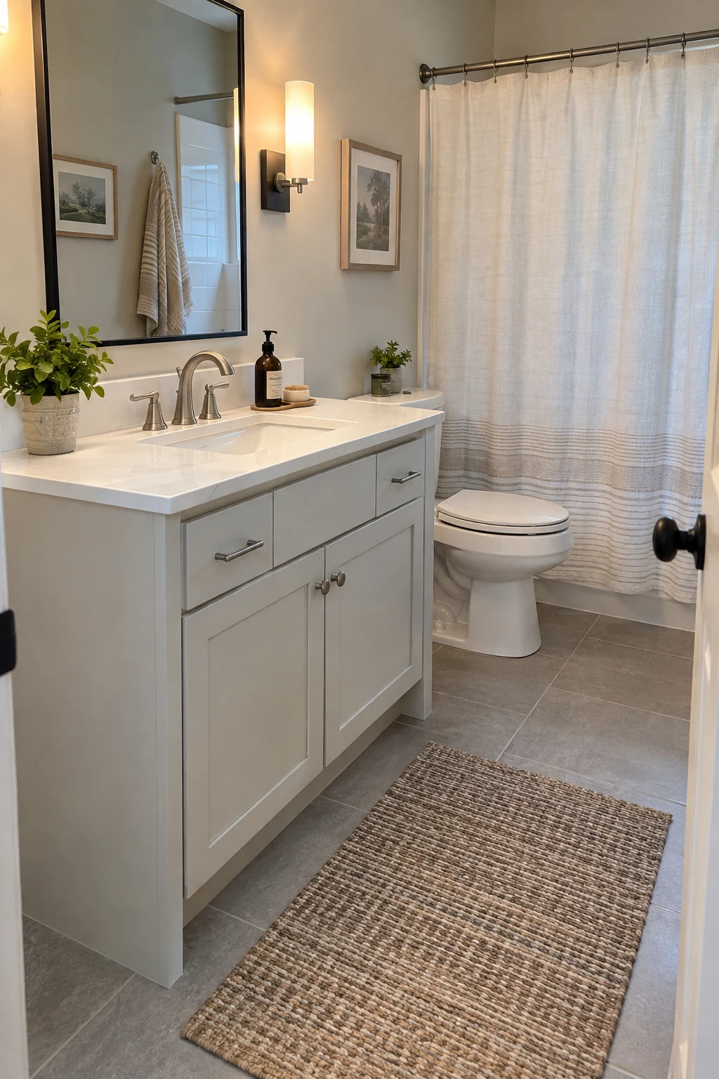 Plain vanity upgraded with finished side panels and a recessed furniture-style base