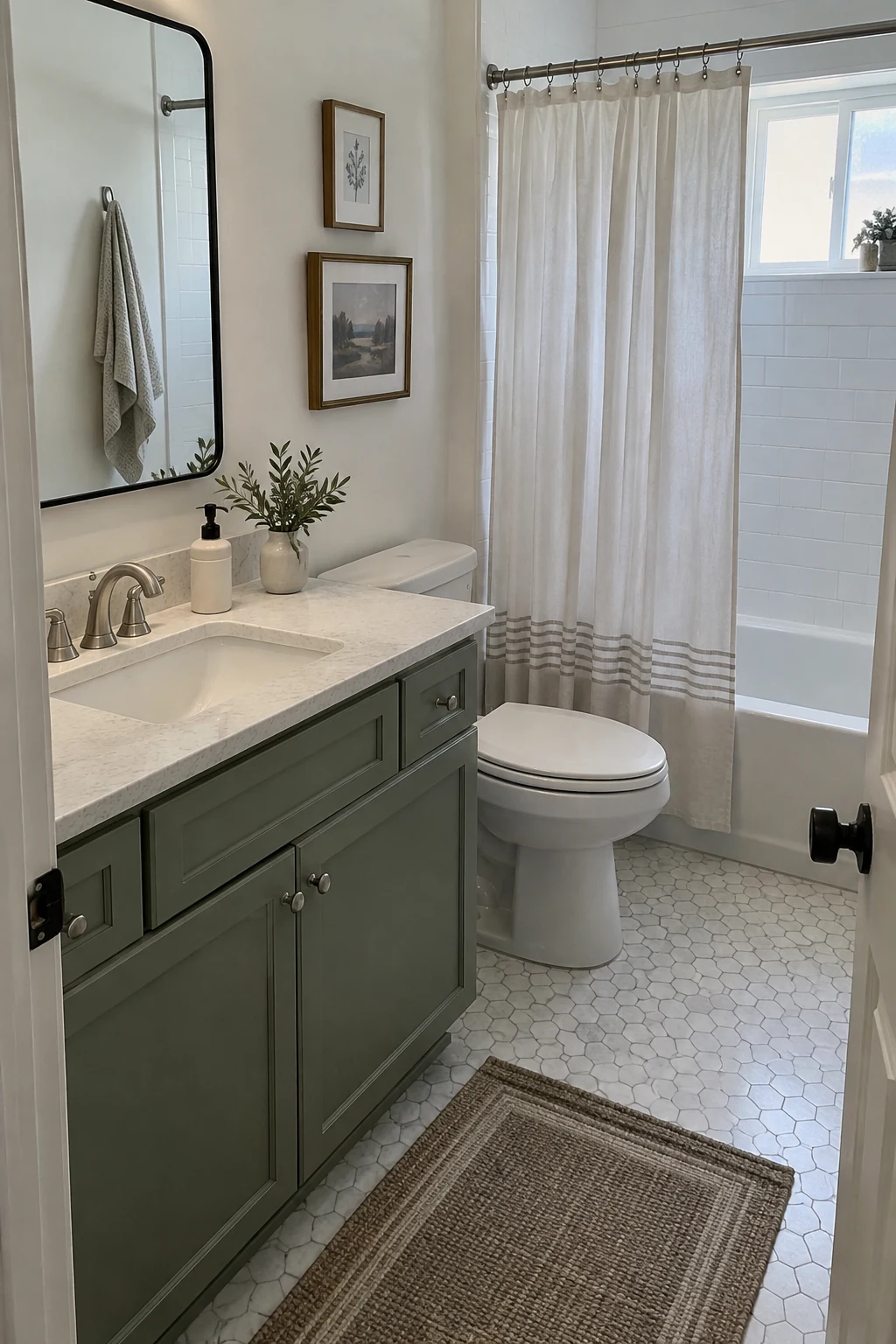 Existing vanity cabinet topped with a new simple quartz counter and undermount sink