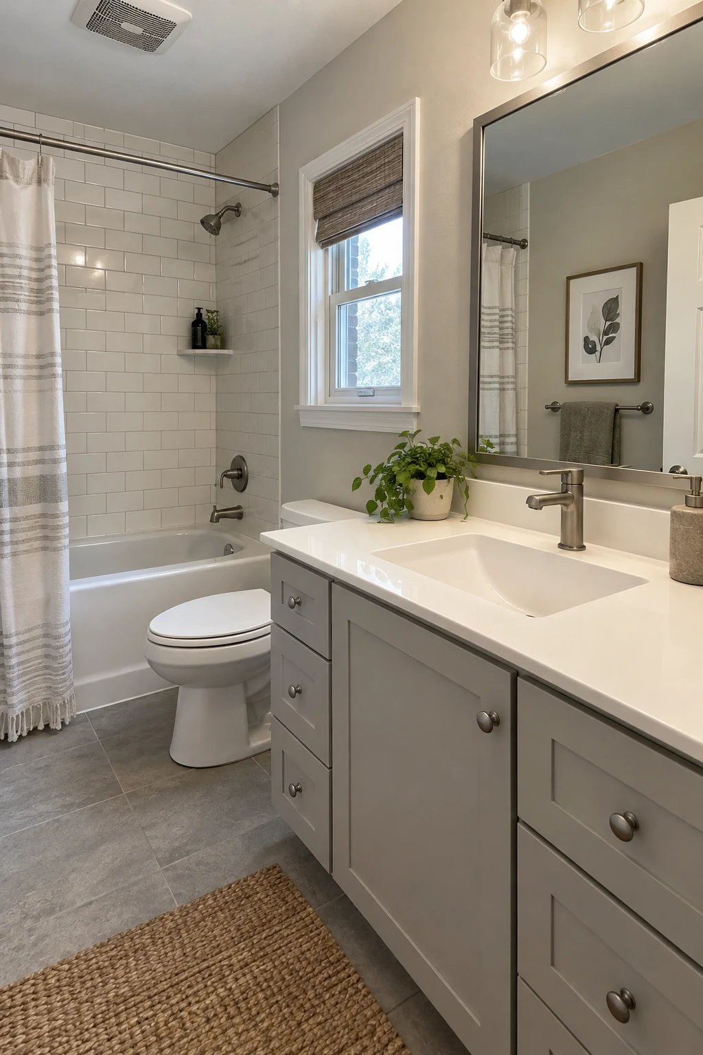 Bathroom vanity with a clean one-piece sink and counter replacing an older top