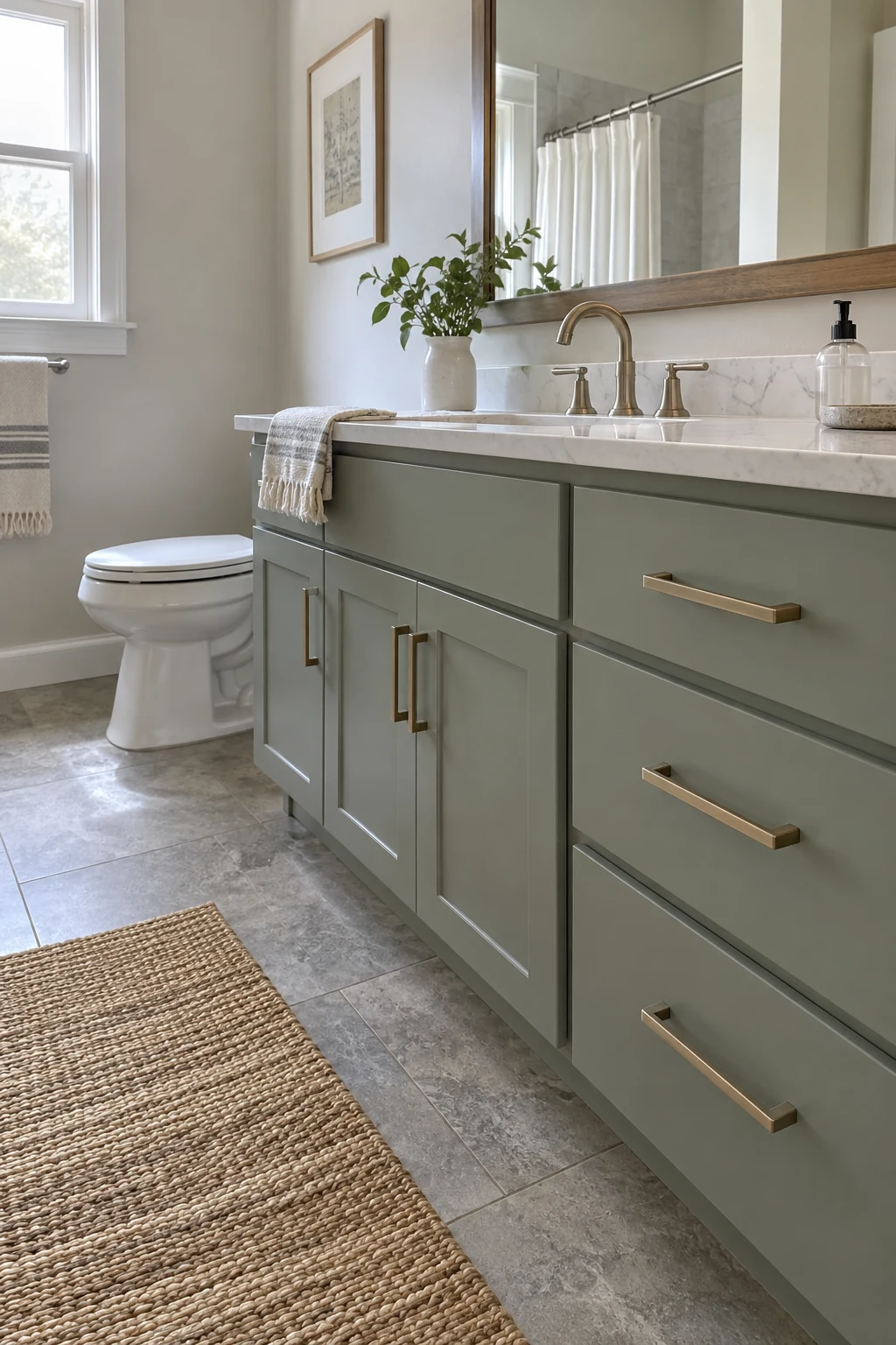 Painted bathroom vanity with evenly aligned modern cabinet pulls