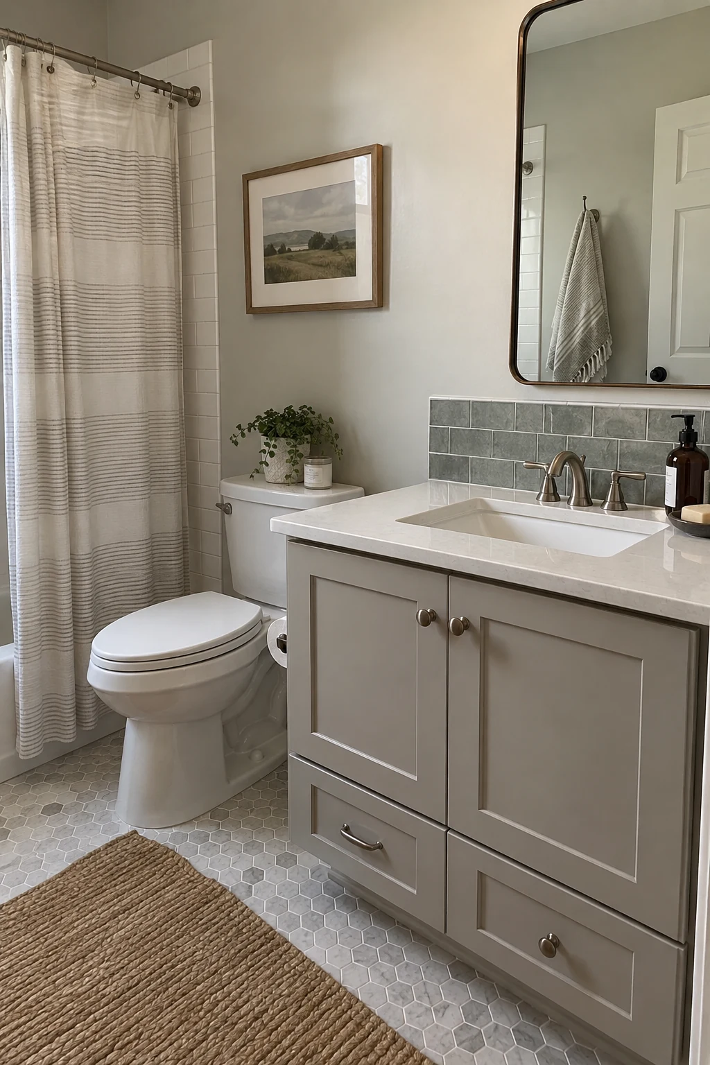 Bathroom vanity with a short easy-clean tile backsplash protecting the wall