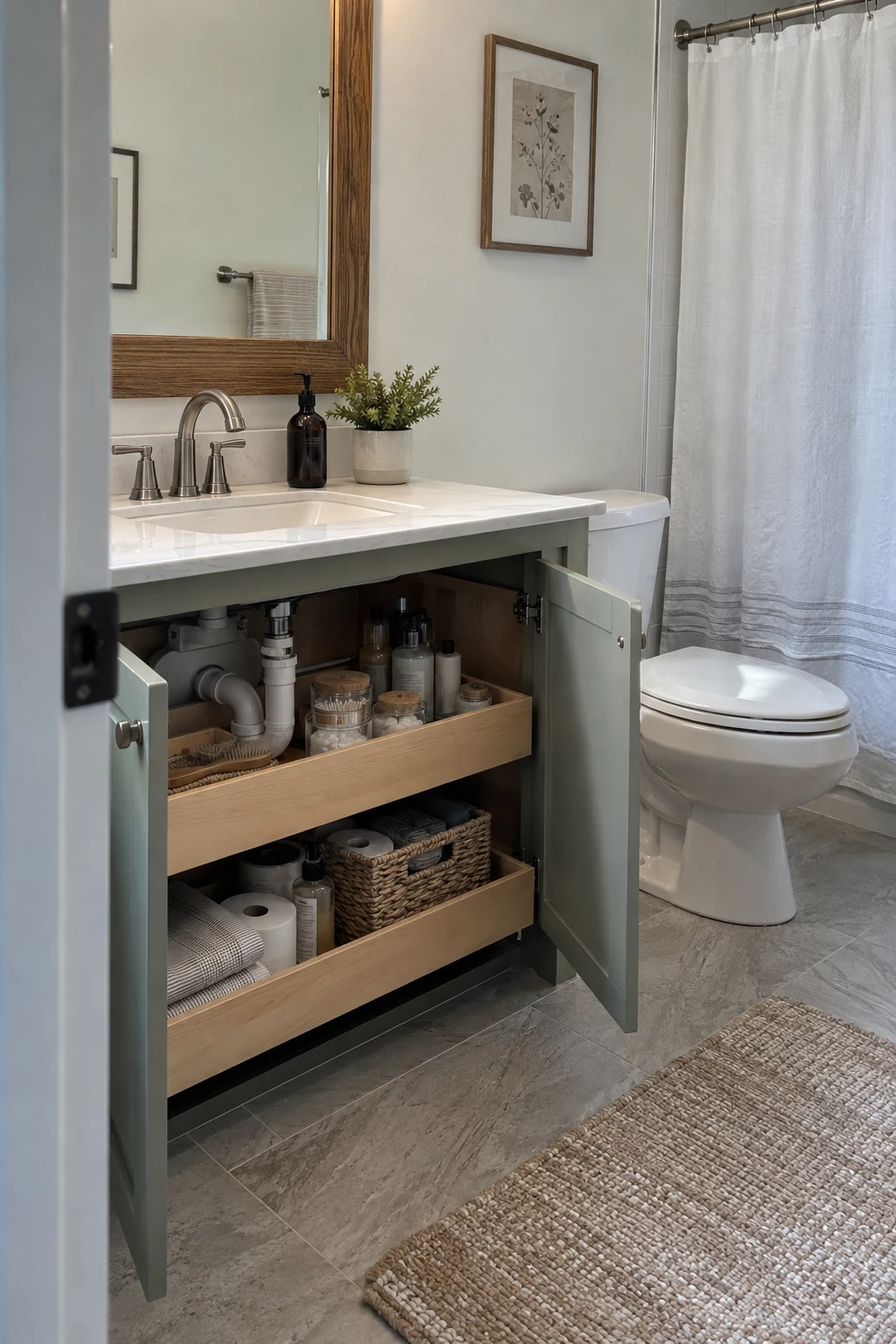 Open bathroom vanity showing organized pull-out trays around plumbing