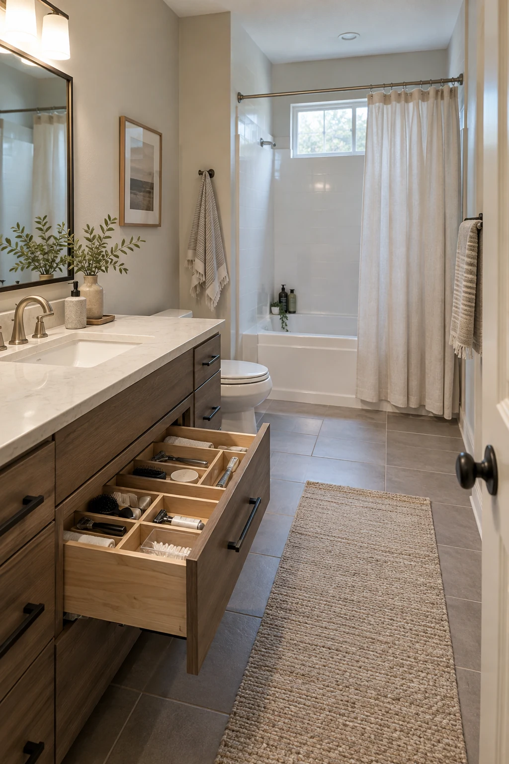 Bathroom vanity drawer open with practical dividers for daily toiletries