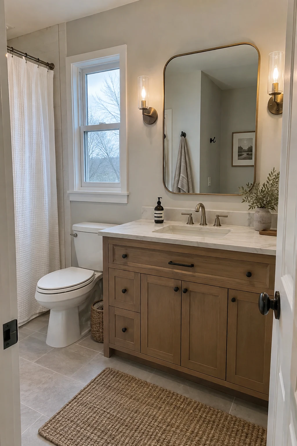 Bathroom vanity with a large rounded-rectangle mirror and balanced wall space