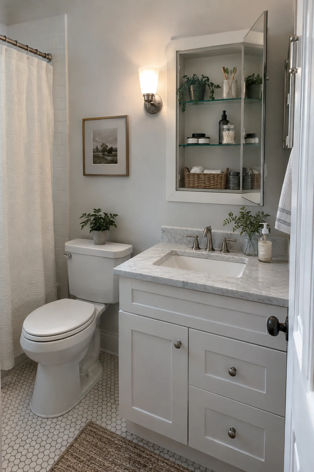 Bathroom with a recessed mirrored medicine cabinet flush to the wall