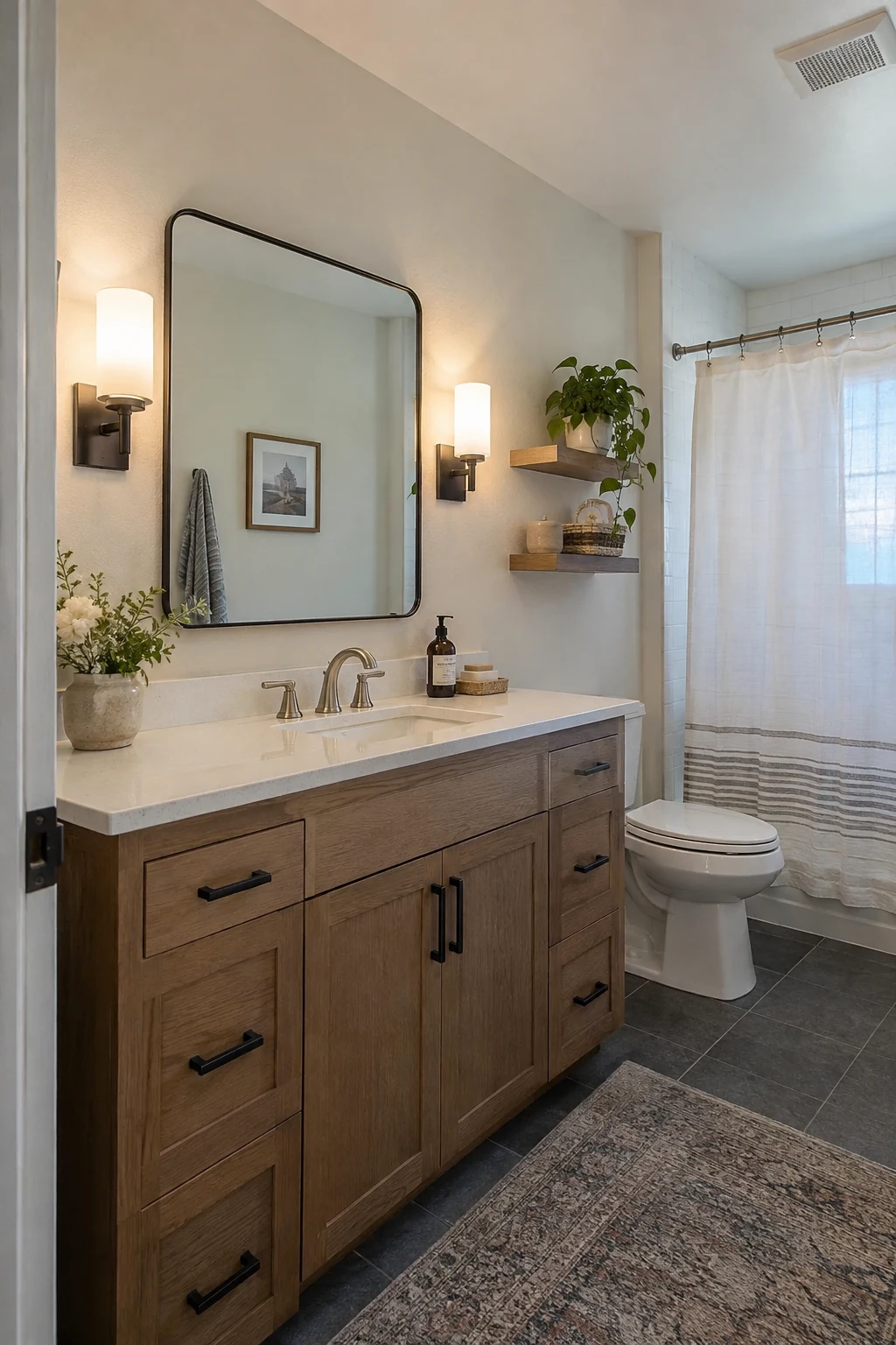 Bathroom vanity illuminated by two simple side sconces