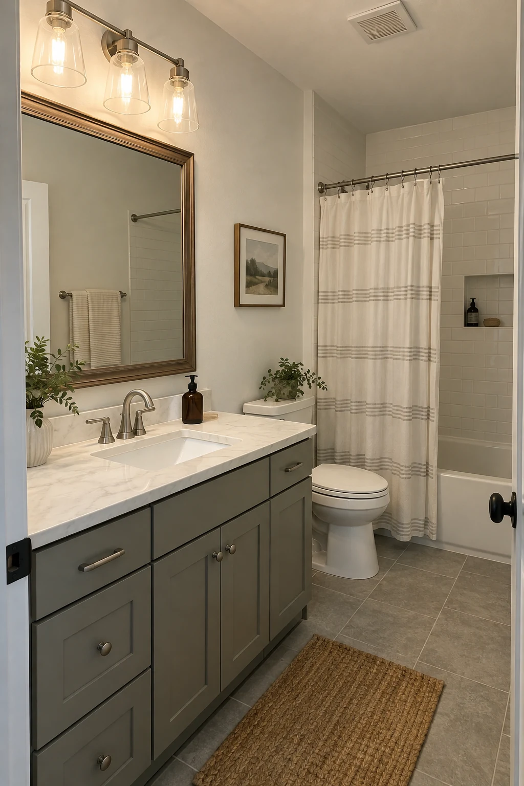 Bathroom mirror topped by a compact three-light vanity fixture
