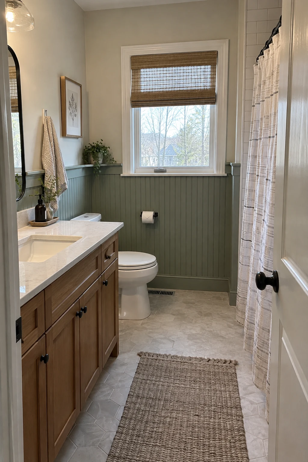 Bathroom with painted beadboard wainscoting outside the tub and shower area