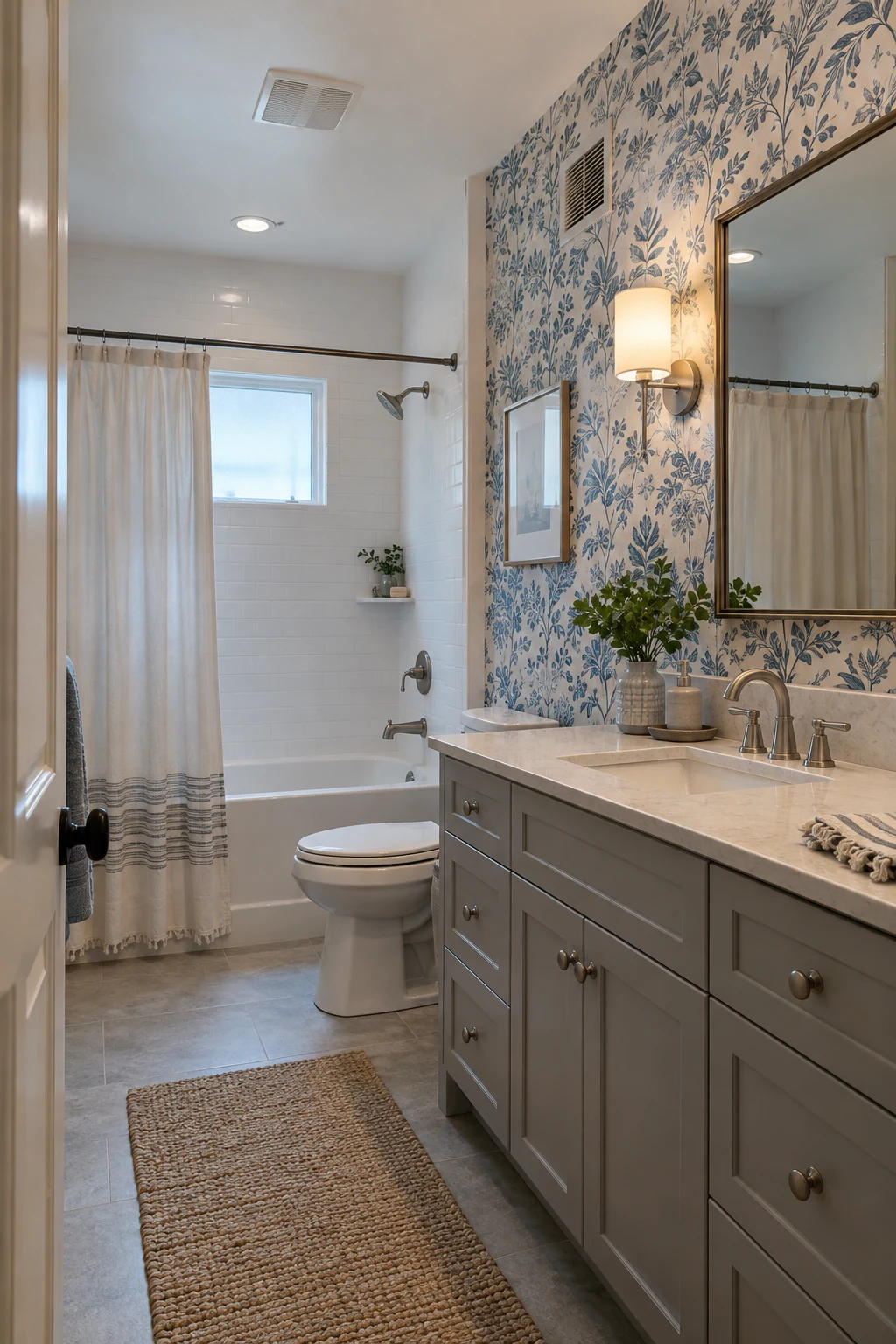 Powder-room style bathroom with subtle botanical wallpaper behind the vanity