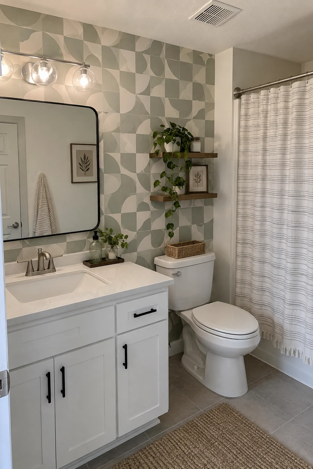 Rental bathroom with removable geometric wall accent behind a simple vanity