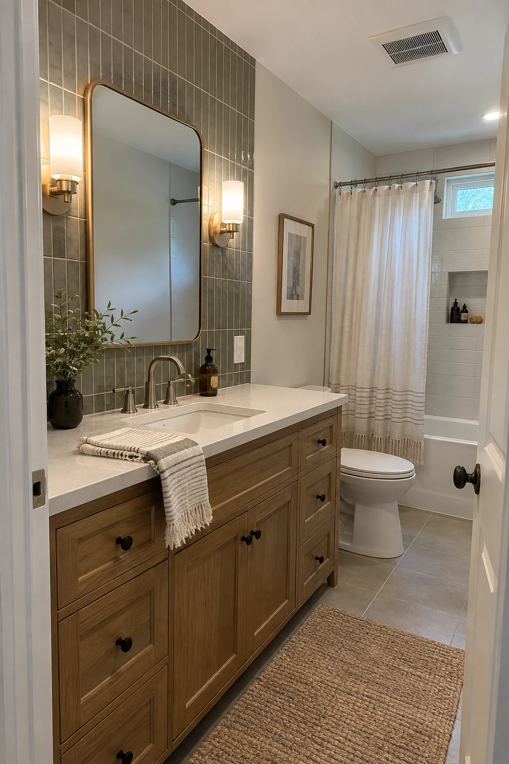 Bathroom vanity wall finished with vertical handmade-look tile