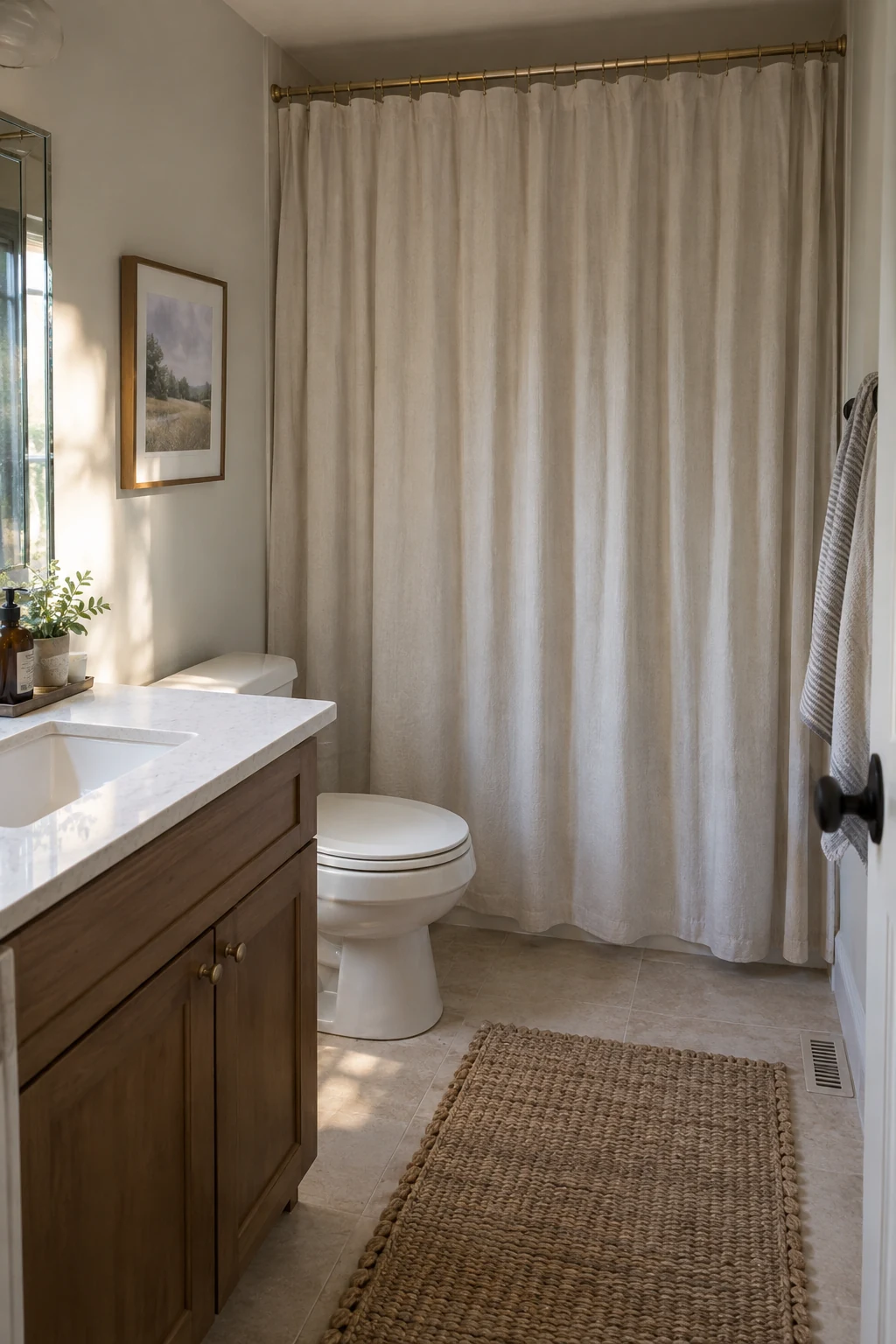 Alcove tub with a high wide shower curtain that visually lifts the room