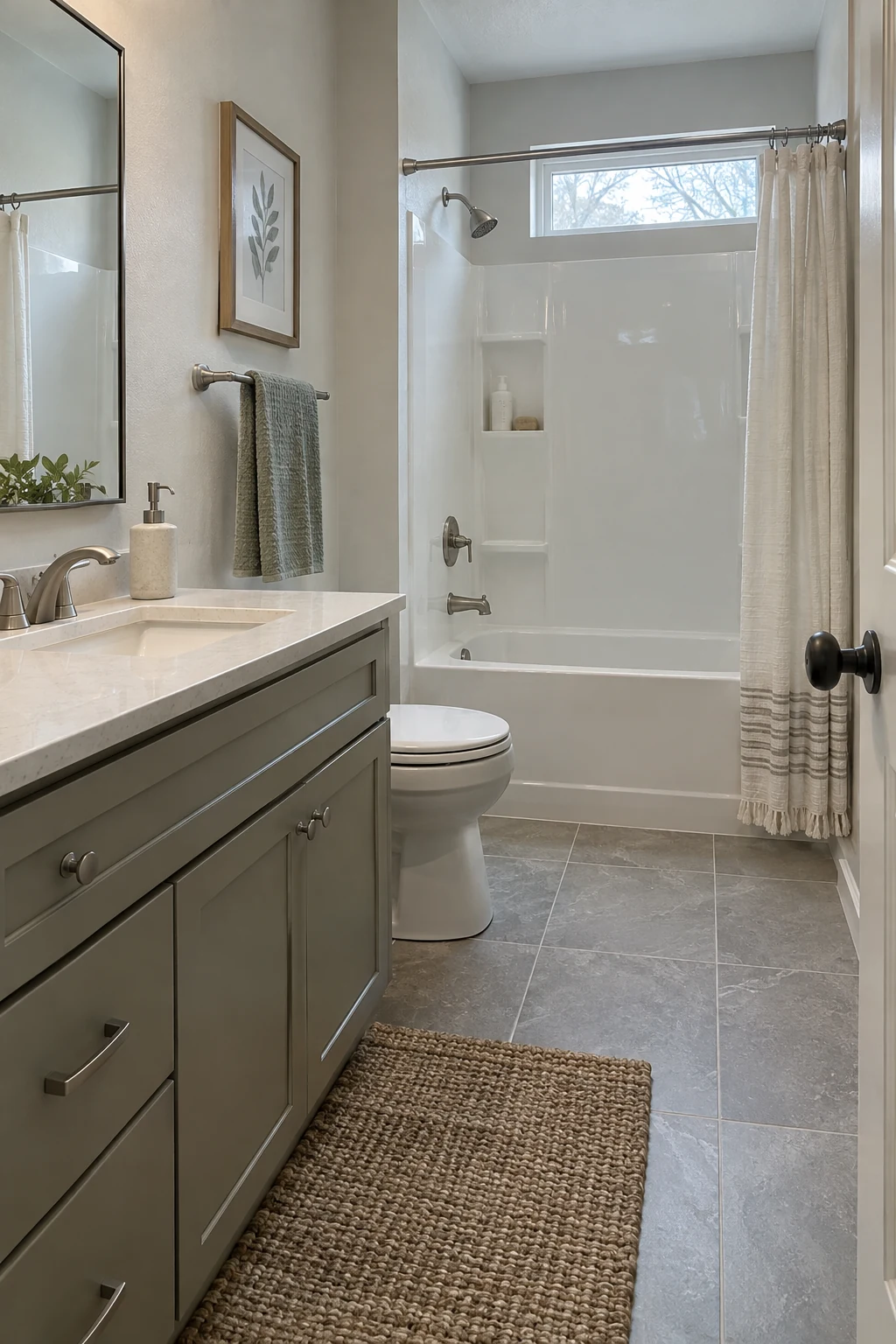 White tub surround with a compatible modern shower trim kit