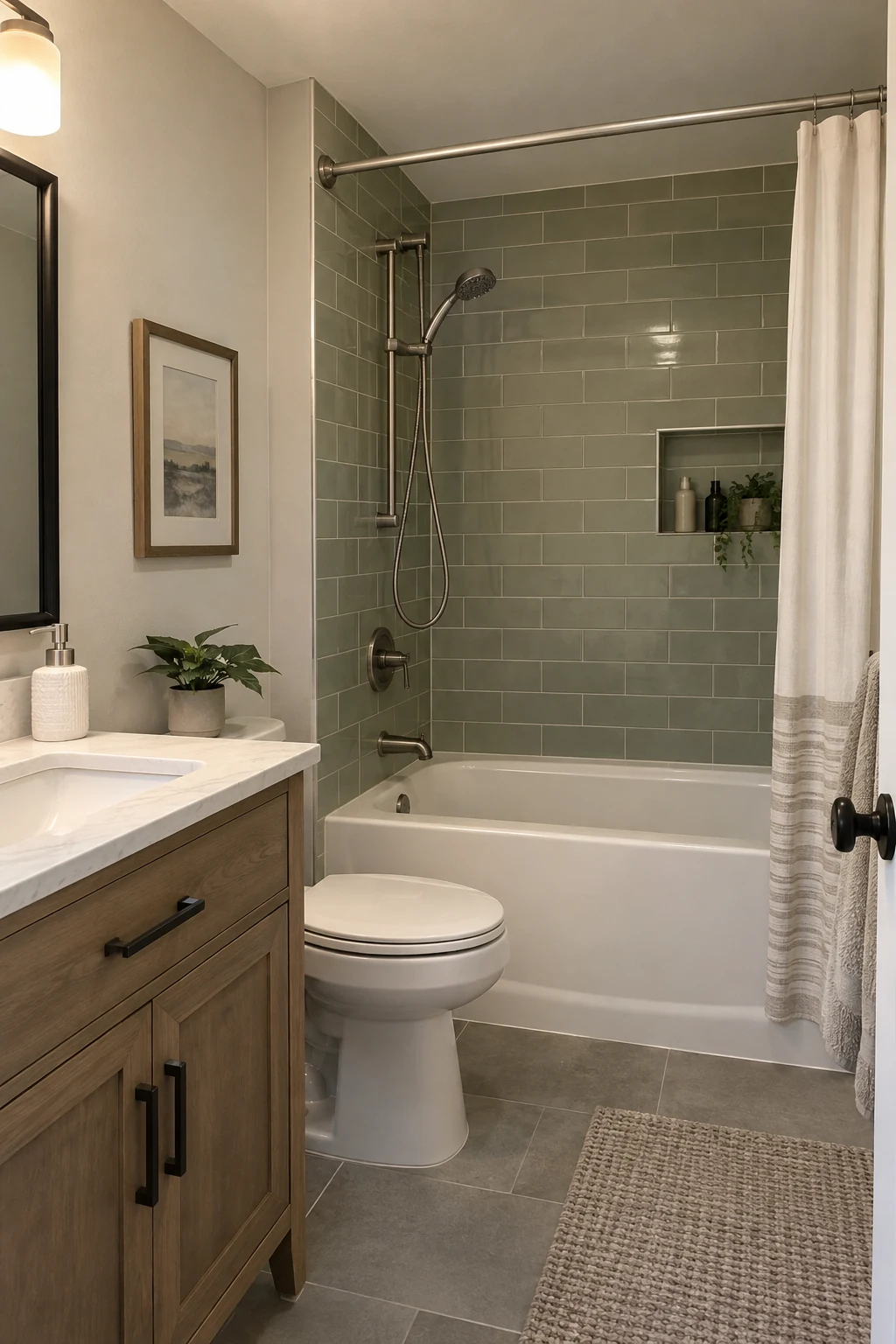 Tub shower with a neatly mounted handheld shower and hose