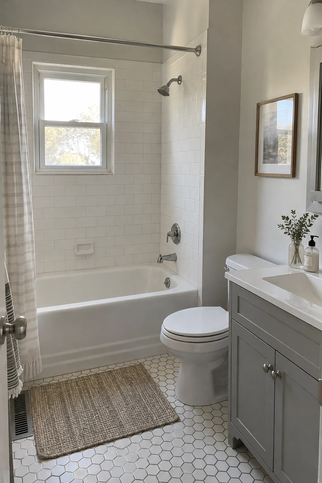 Older alcove tub professionally refinished in clean white