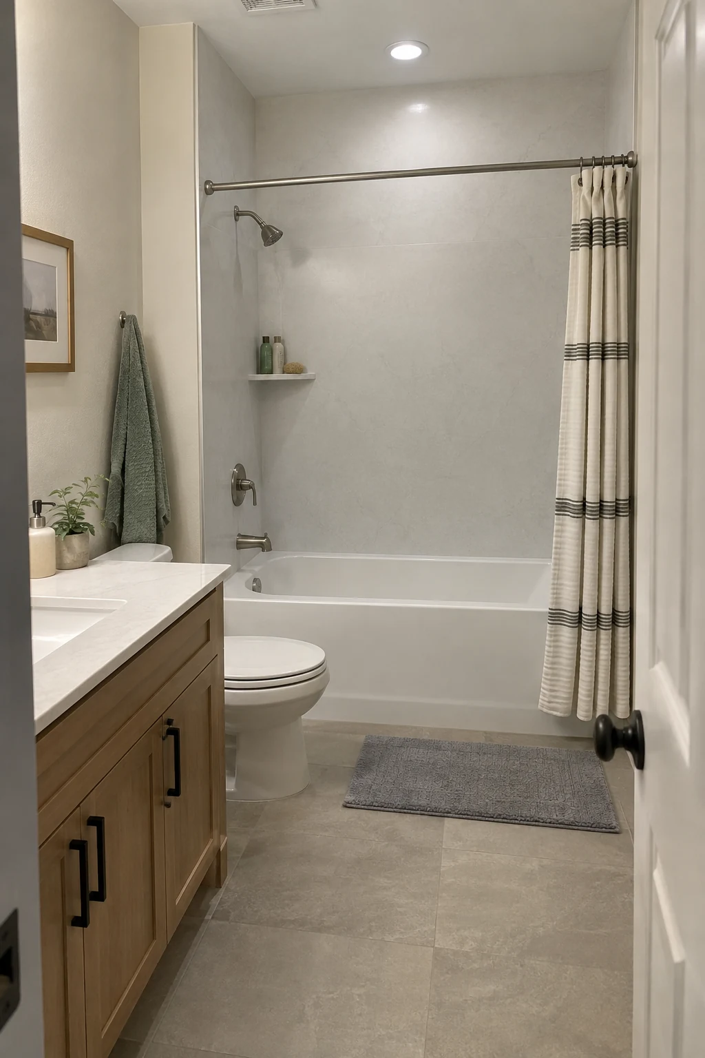 Alcove tub with large solid-surface wall panels and minimal seams