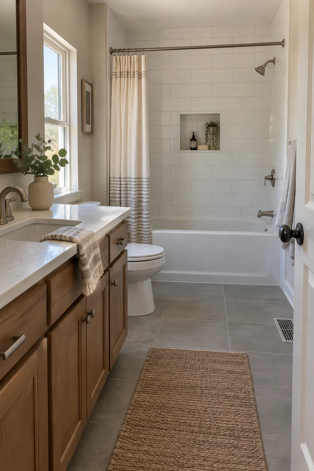 Tub surround retiled with straightforward white rectangular tile and aligned joints