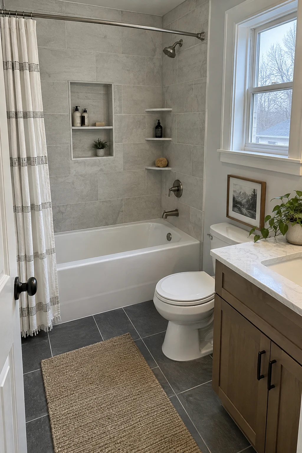 Tub shower with one proportioned niche holding everyday bottles