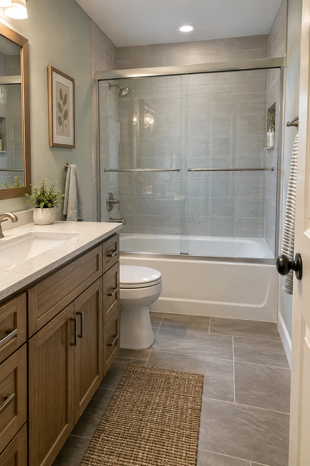 Alcove tub fitted with a clean clear sliding glass enclosure