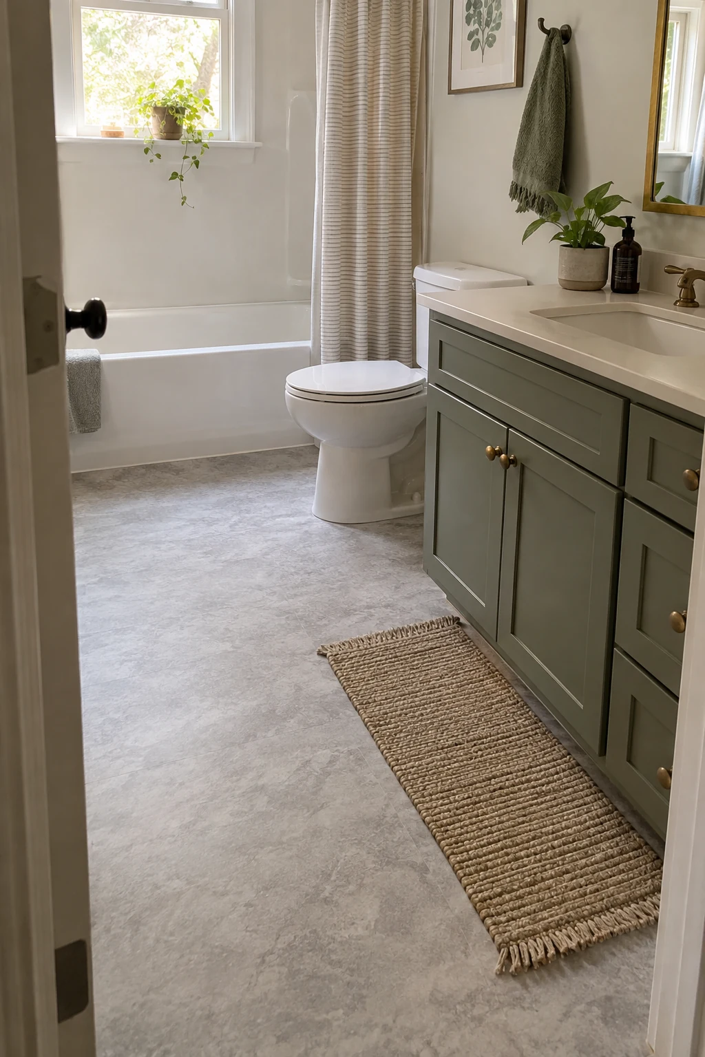 Bathroom refreshed with a single sheet of subtle stone-look vinyl flooring