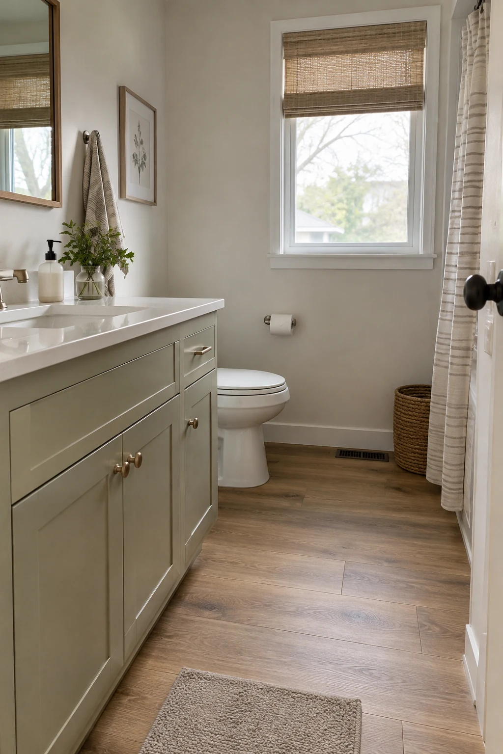 Bathroom with warm oak-look waterproof vinyl plank flooring