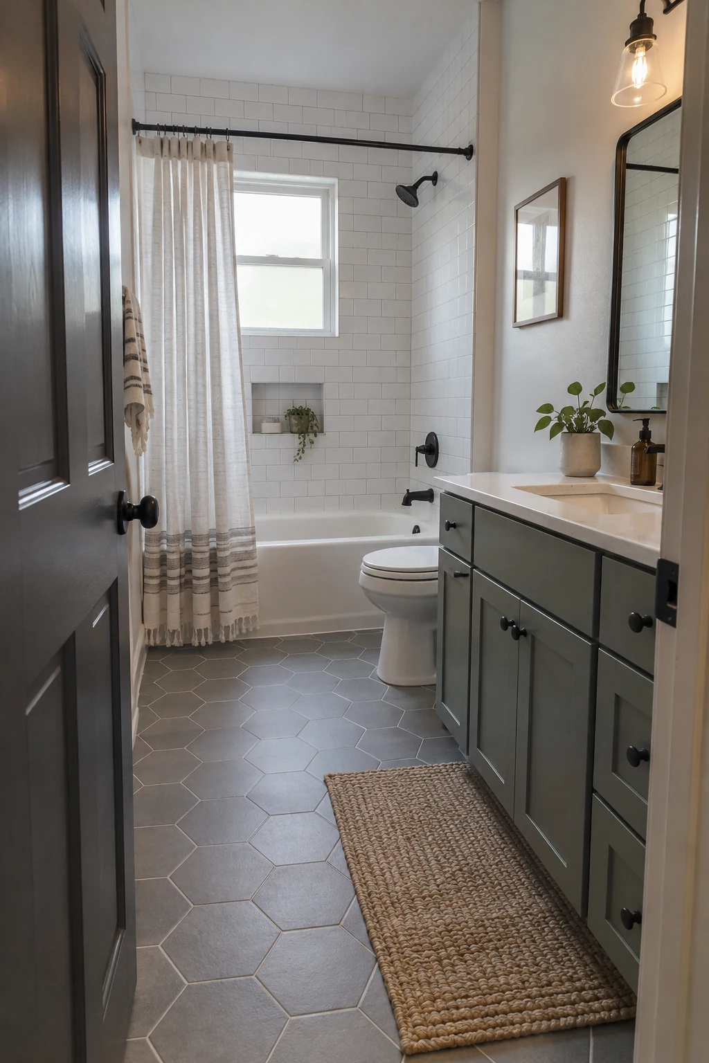 Bathroom finished with durable matte porcelain hex floor tile