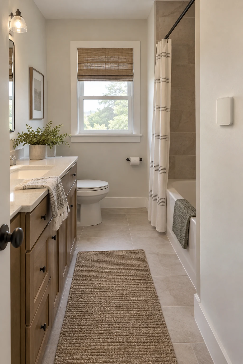 Tiled bathroom floor with subtle electric warming thermostat on the wall