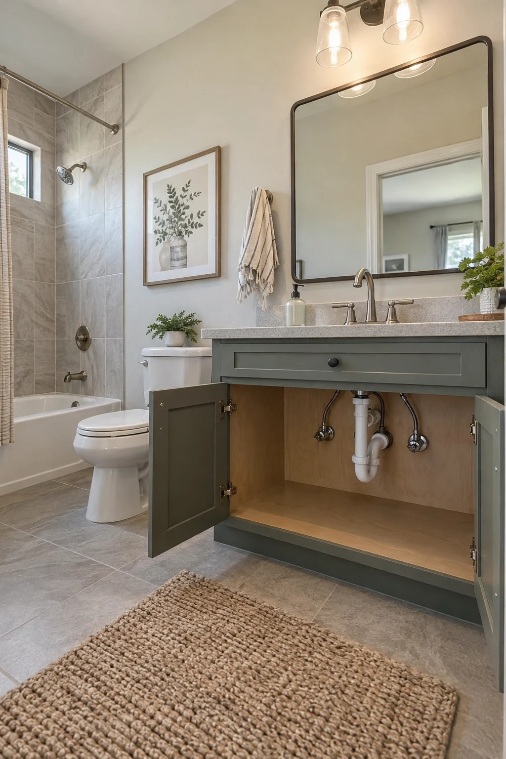Finished bathroom vanity interior left dry and accessible after leak repair