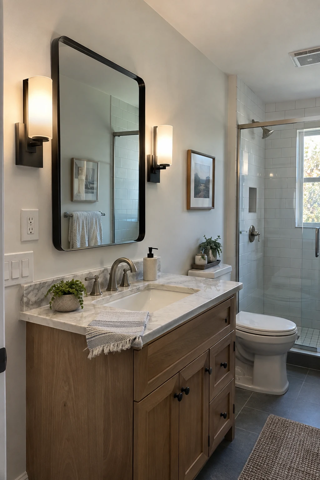 Bathroom with wall sconces outlet and controls placed in practical dry locations