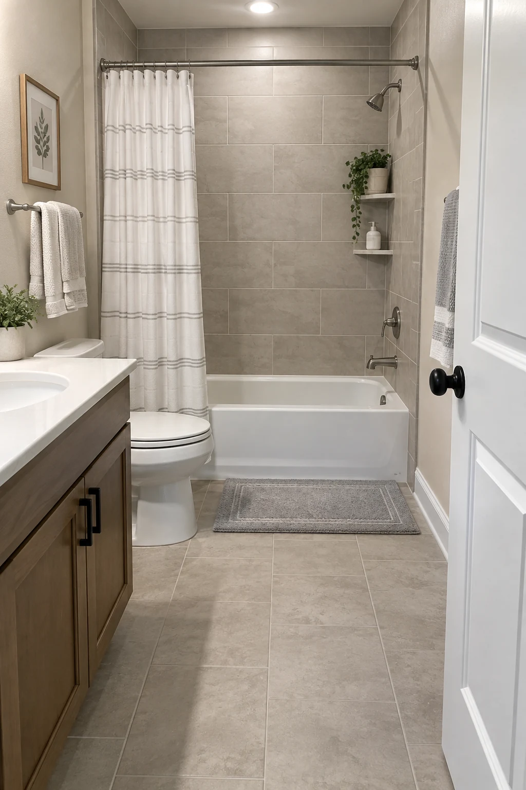 Bathroom with a secure low-profile bath mat and unobstructed route