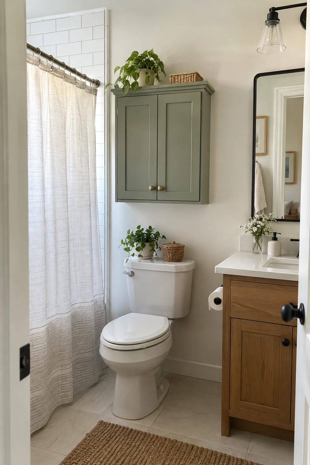 Bathroom with a slim closed cabinet mounted securely above the toilet