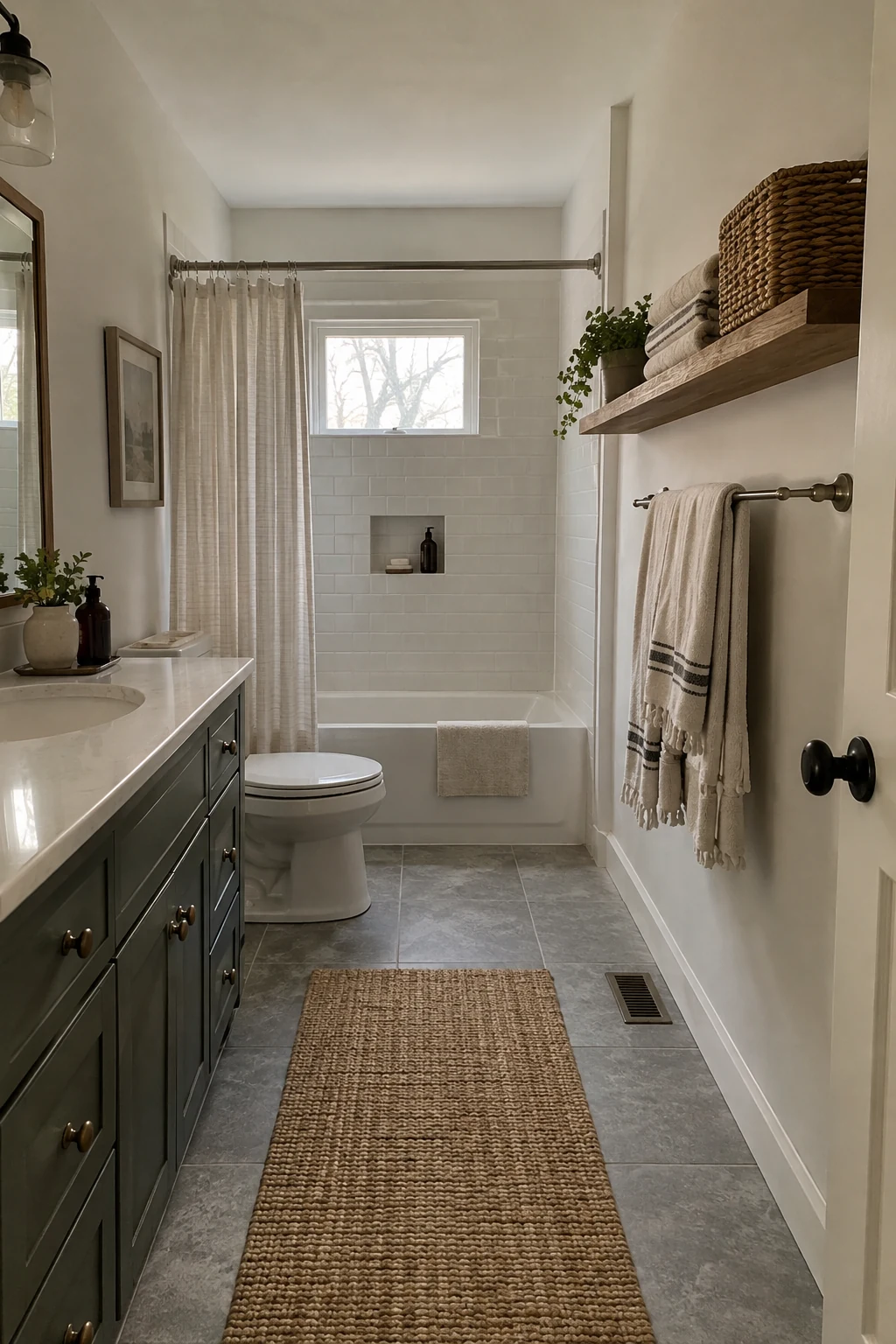 Bathroom wall with one long oak shelf holding towels and a small basket