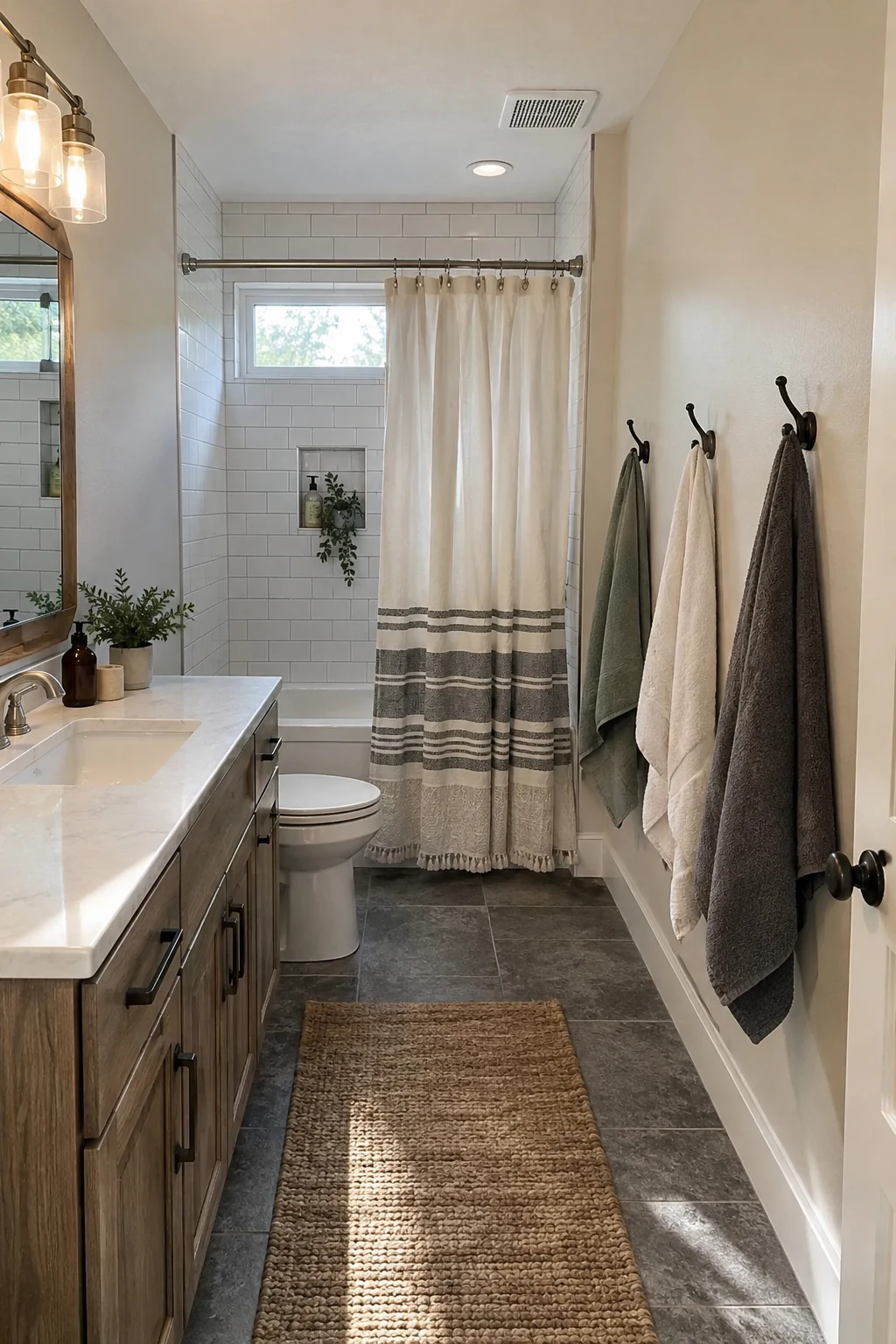 Bathroom with spaced towel hooks on a dry wall near the shower