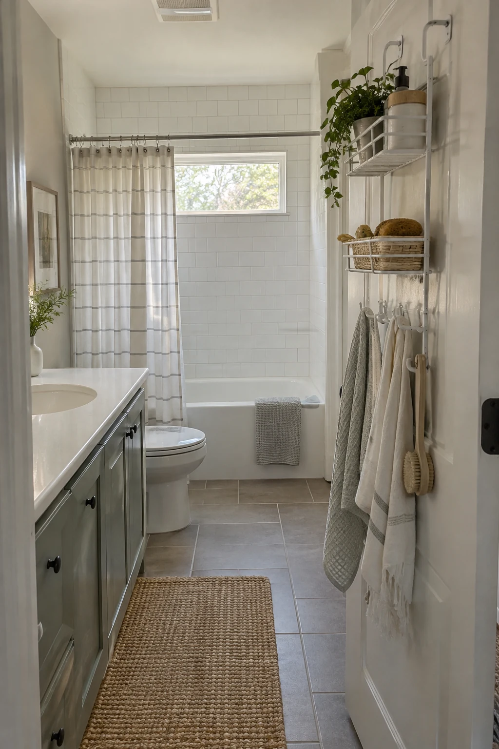 Bathroom door with a slim organized rack for lightweight toiletries